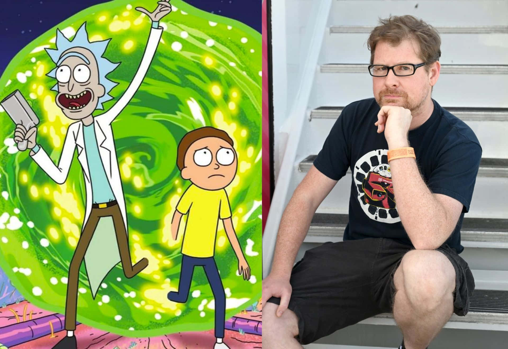 Justin Roiland 桌布 壁紙 — 分割圖片顯示動畫角色瑞克和莫蒂旁邊有一位戴眼鏡的真實男子坐在樓梯上。