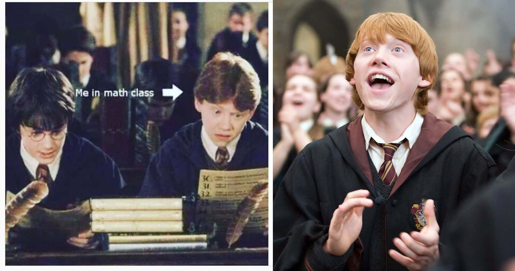 Ron Weasley 桌布 壁紙 — 分割圖片顯示哈利波特在課堂上顯得無聊，而榮恩·衛斯理在擁擠的大廳裡興奮地歡呼。