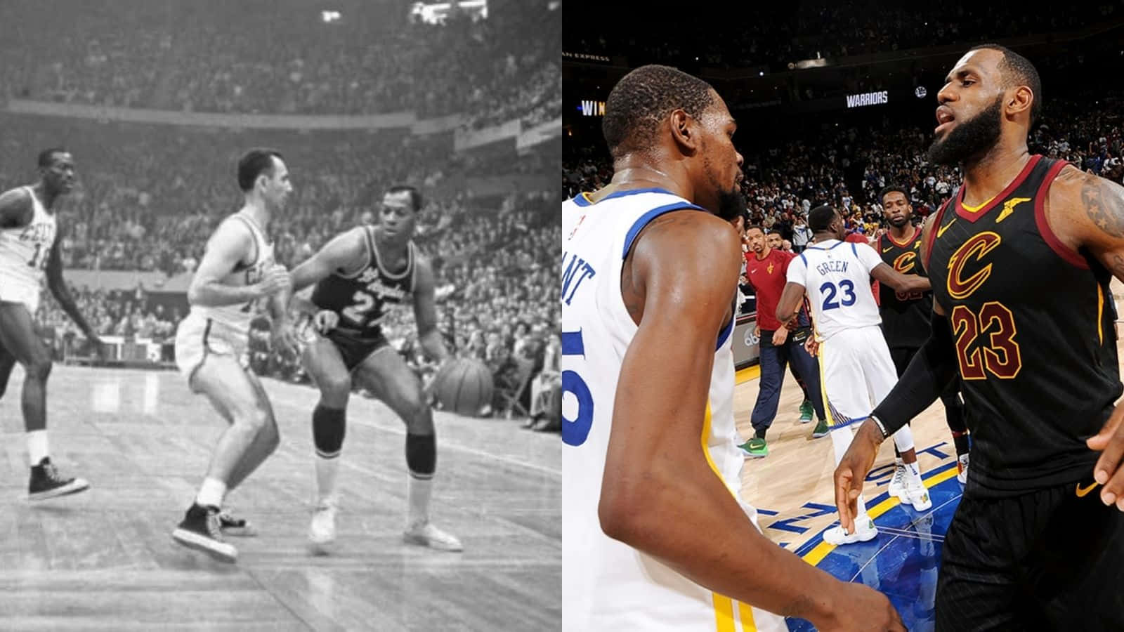 NBA 桌布 壁紙 — 分割圖片顯示左側為復古黑白籃球比賽，右側為現代彩色比賽，包含勒布朗·詹姆斯。