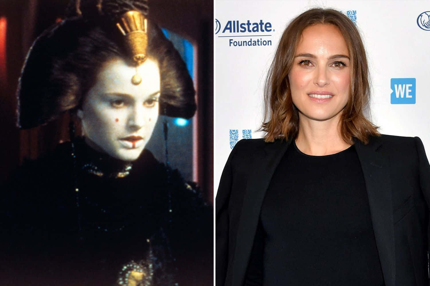The Phantom Menace 桌布 壁紙 — 分割圖片顯示帕德美·艾米達拉戴著皇家頭飾，旁邊是穿著黑色西裝外套出席活動的女演員娜塔莉·波曼。