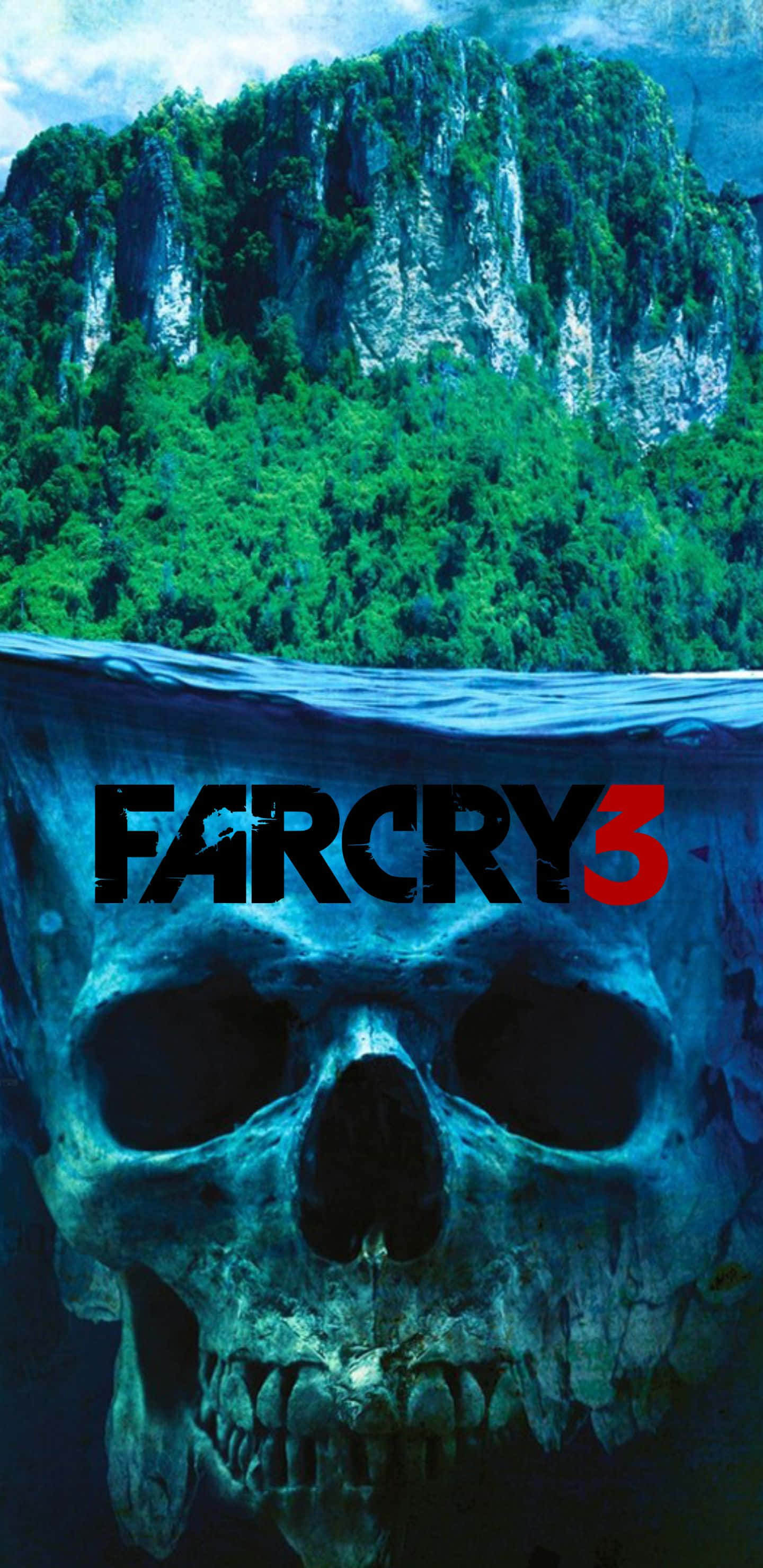 Pixel 3xl Far Cry 3 桌布 壁紙 — 分割圖片顯示水上翠綠叢林山脈，下方有沉沒的頭骨，帶有 Far Cry 3 標誌。