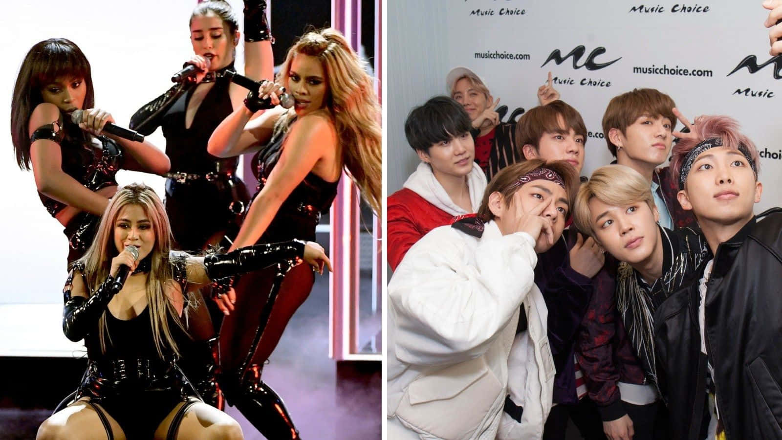 Bts Meme 桌布 壁紙 — 分割圖片顯示流行組合身穿黑色服裝在舞台上表演，以及K-pop組合在音樂活動中一起擺姿勢。