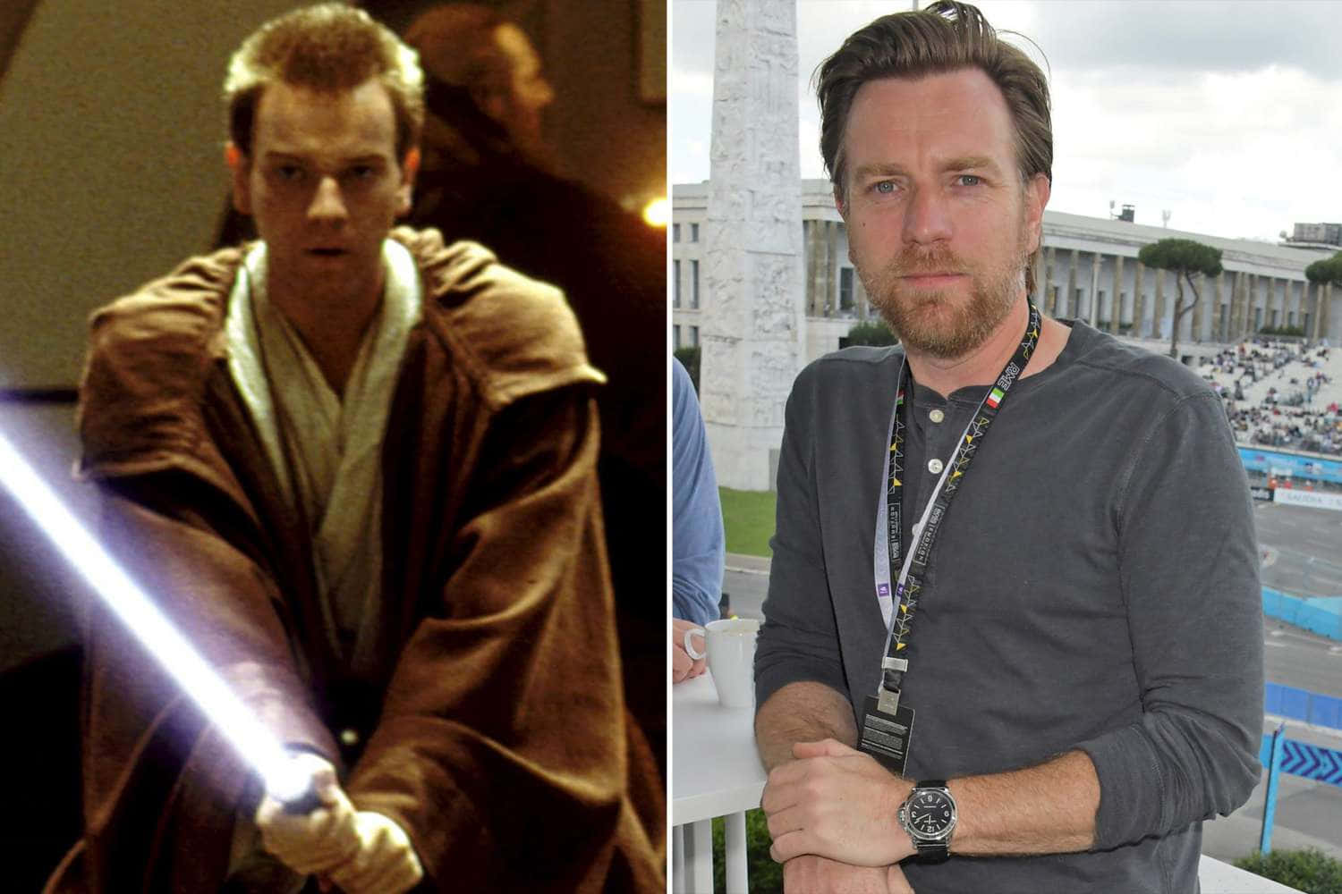 The Phantom Menace 桌布 壁紙 — 分割圖片顯示演員伊旺·麥奎格飾演絕地武士歐比王·肯諾比揮舞藍色光劍，旁邊是他穿著休閒服裝在戶外活動的照片。