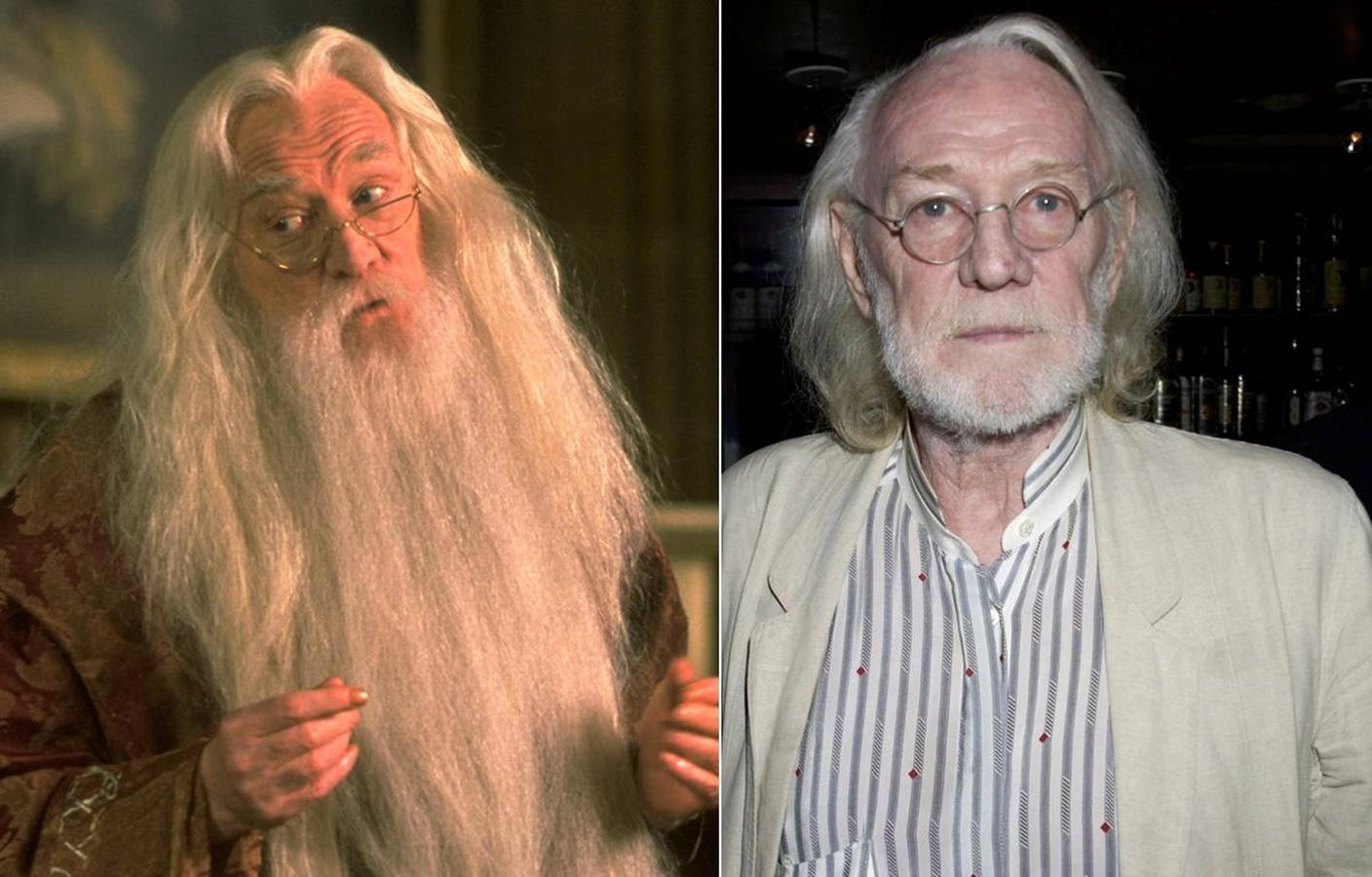 dumbledore 桌布 壁紙 — 分割圖片顯示演員李察哈里斯身穿巫師鄧不利多戲服，旁邊是他戴眼鏡、白頭髮的真實肖像。