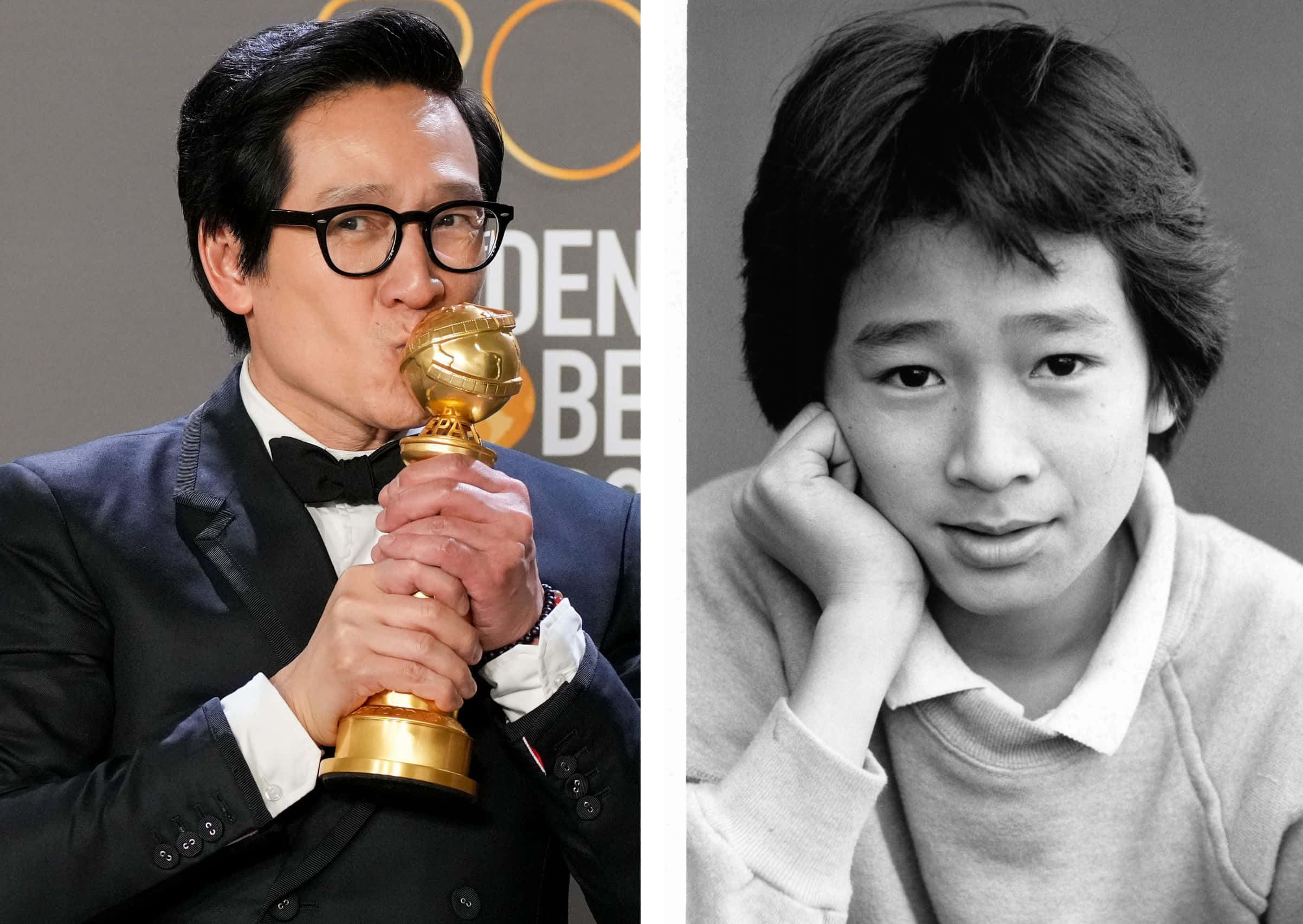 Ke Huy Quan 桌布 壁紙 — 分割圖片顯示演員約翰·趙親吻金球獎獎座，旁邊是他年輕時的黑白肖像。