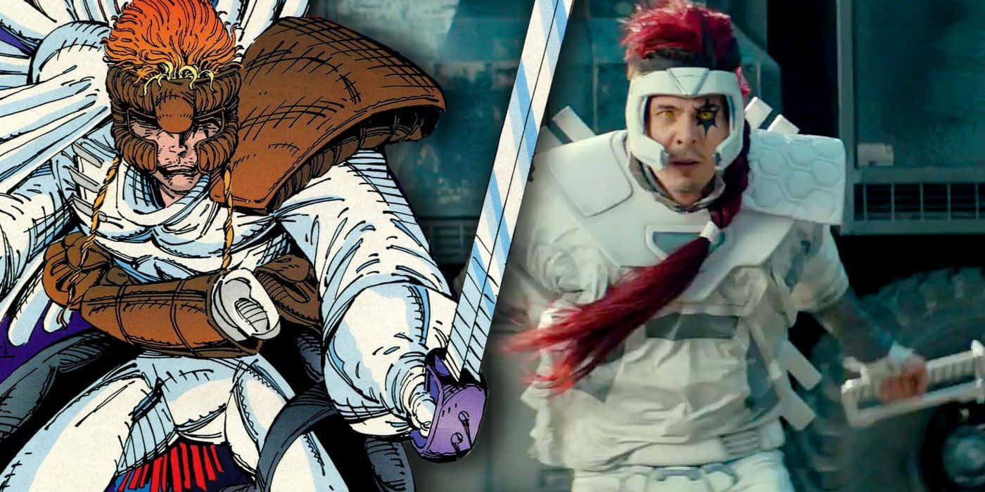 Shatterstar 桌布 壁紙 — 分割圖片顯示漫畫天使戰士和真人版身穿未來盔甲手持劍。