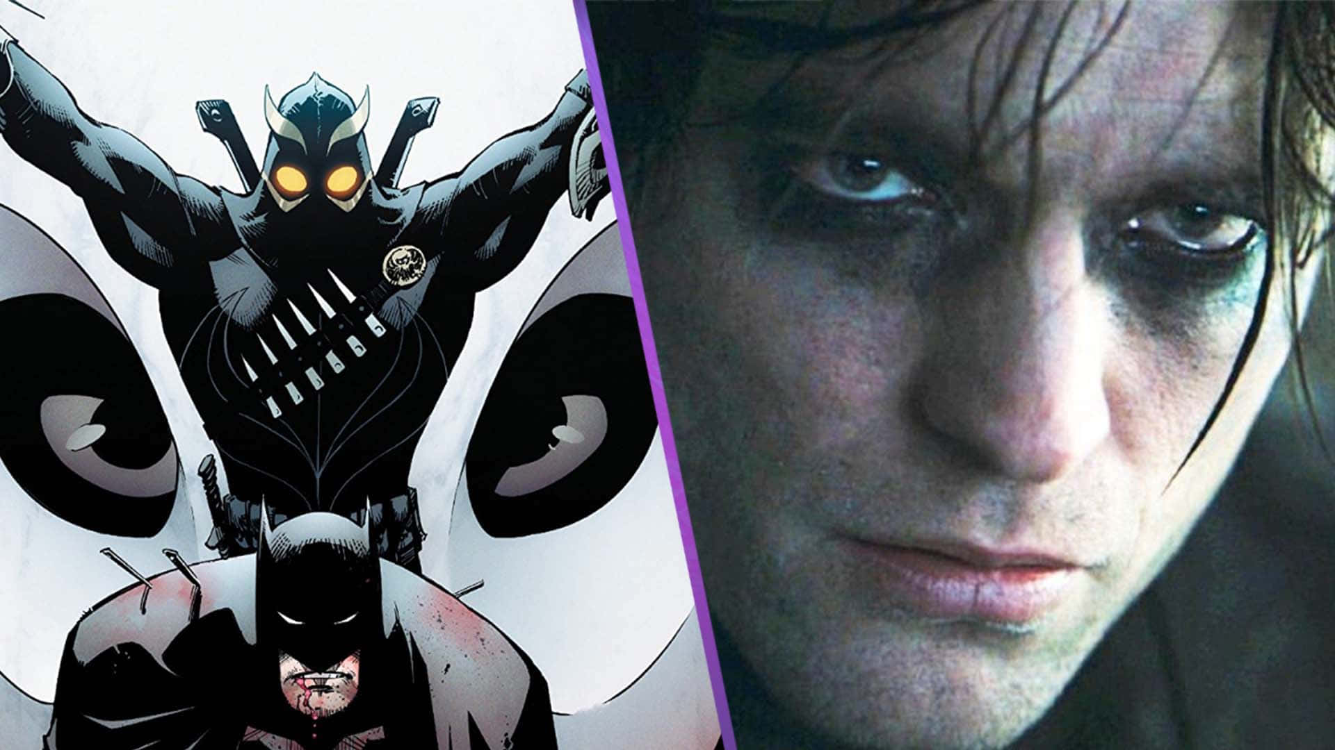The Court Of Owls 桌布 壁紙 — 分割圖片顯示漫畫蝙蝠俠面對一個戴面具、眼睛發光的反派，旁邊是一個疲憊、眼睛深色的男人的特寫。