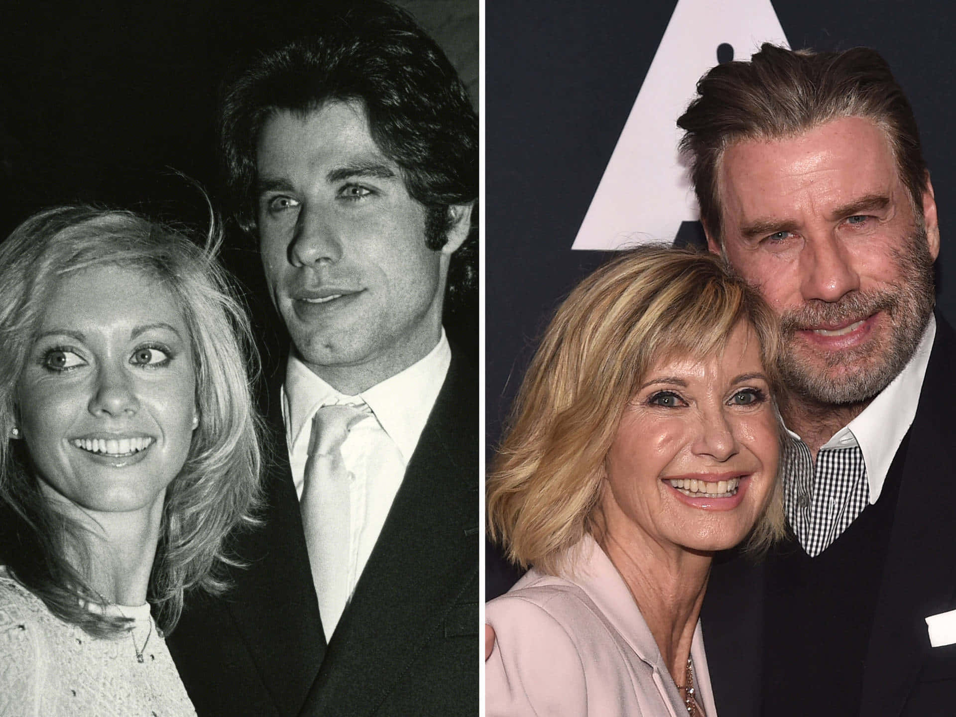 Olivia Newton John 桌布 壁紙 — 分割影像顯示一對年輕情侶以黑白呈現，一對年長夫婦以彩色呈現，兩者均對著鏡頭微笑。