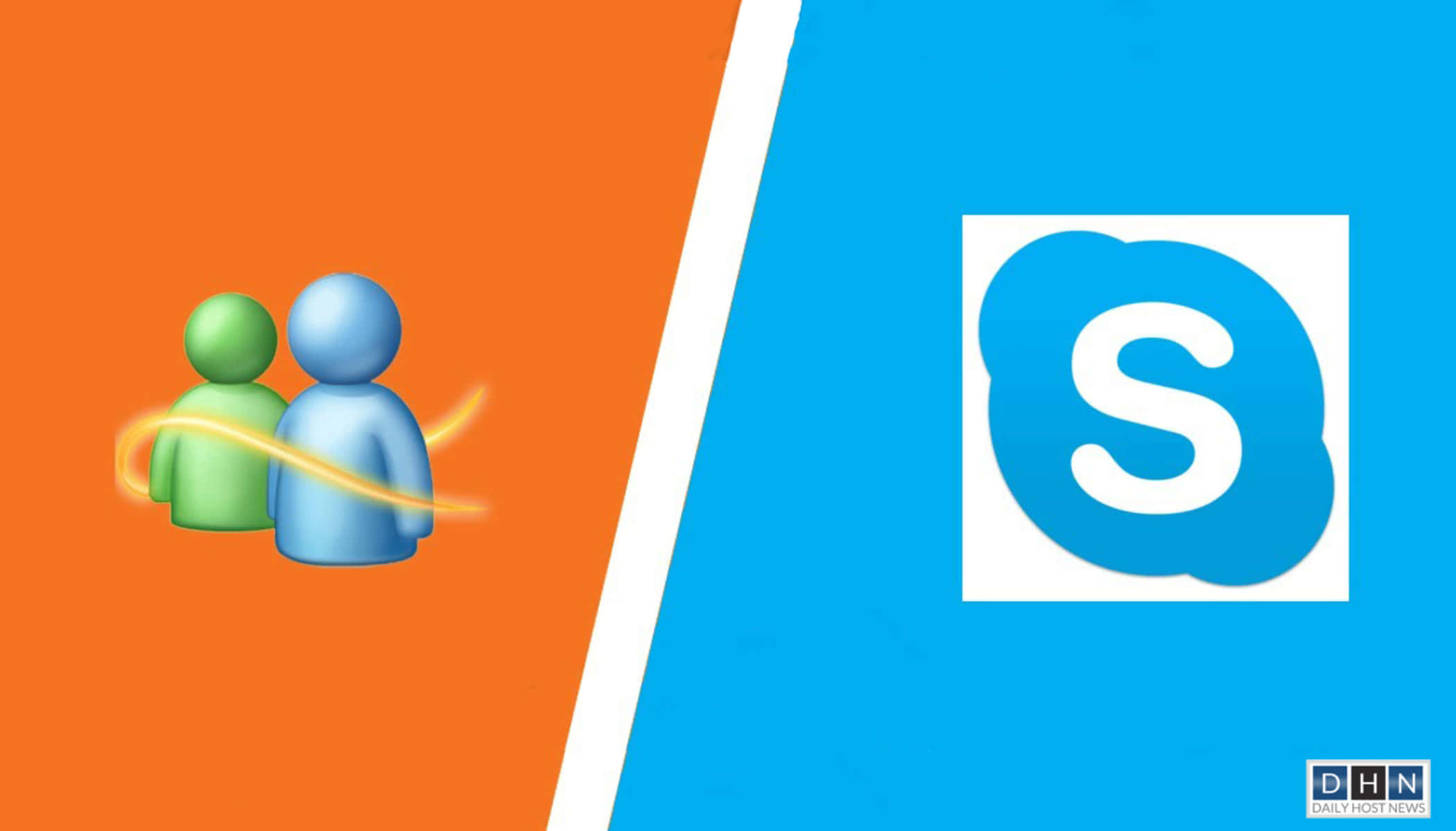 Chat 桌布 壁紙 — 分割畫面，橙色背景上顯示 Windows Live Messenger 圖示，藍色背景上顯示 Skype 標誌。