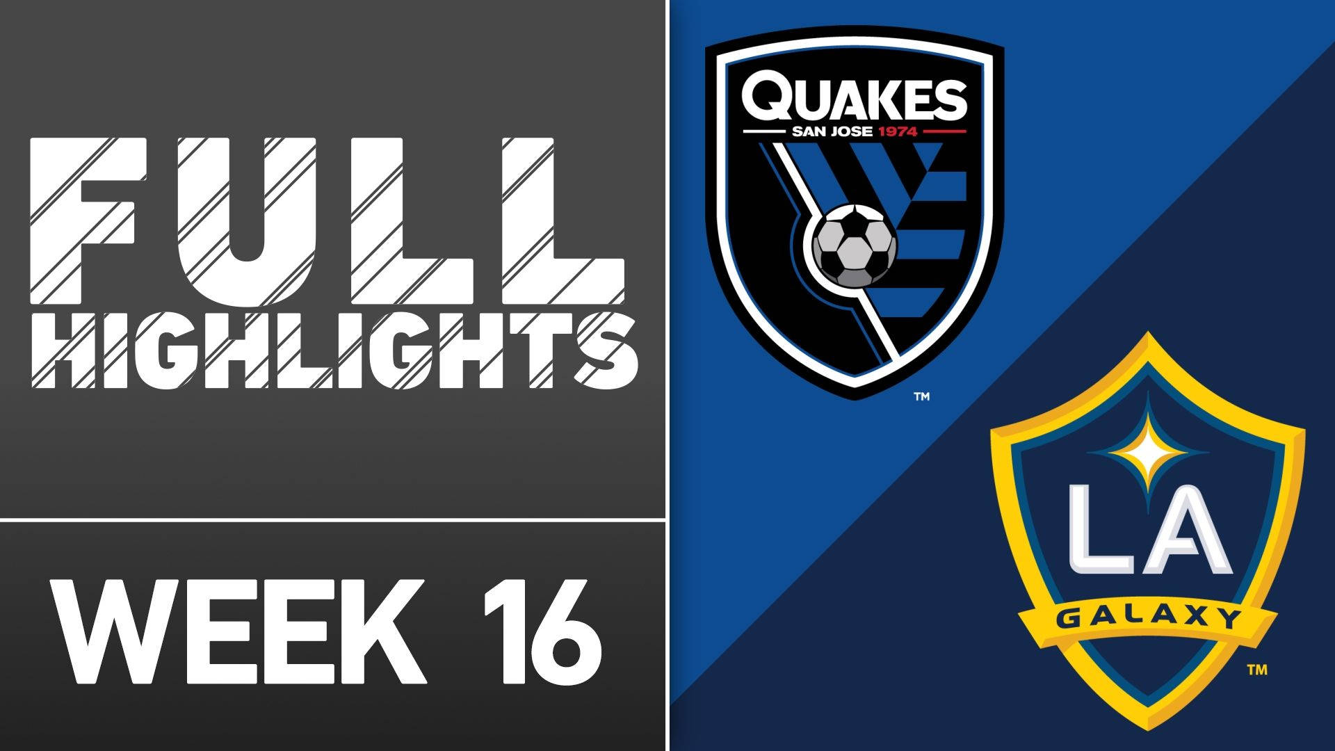 足球 桌布 壁紙 — 分割畫面圖形，顯示「FULL HIGHLIGHTS WEEK 16」文字以及Quakes和LA Galaxy的足球隊標誌。