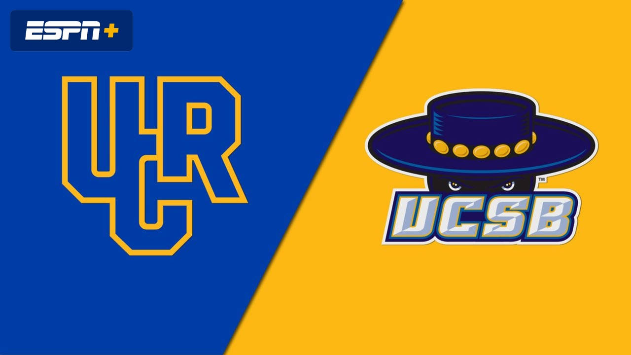 加州 桌布 壁紙 — 分割畫面圖形，顯示UCLA和UCSB標誌，帶有ESPN+品牌，用於大學體育對決。