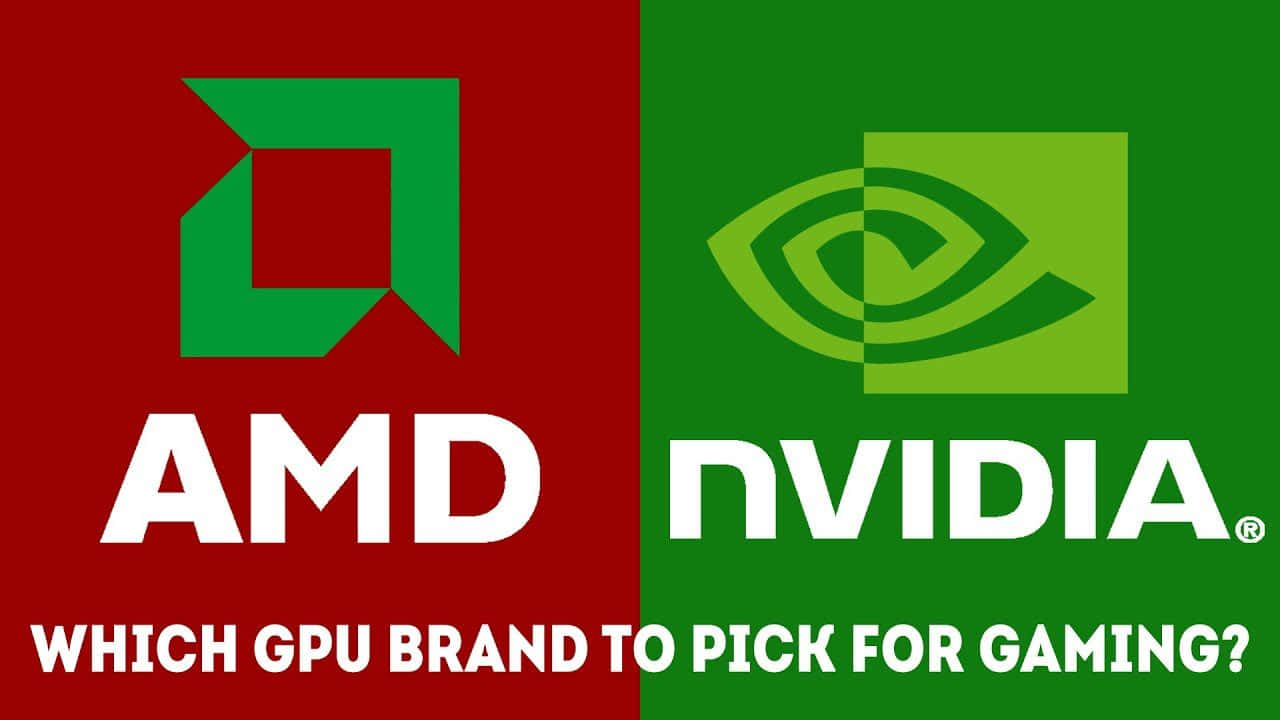 AMD 桌布 壁紙 — 分割畫面圖形比較 AMD 和 NVIDIA 標誌，並附有文字詢問應選擇哪個 GPU 品牌進行遊戲。