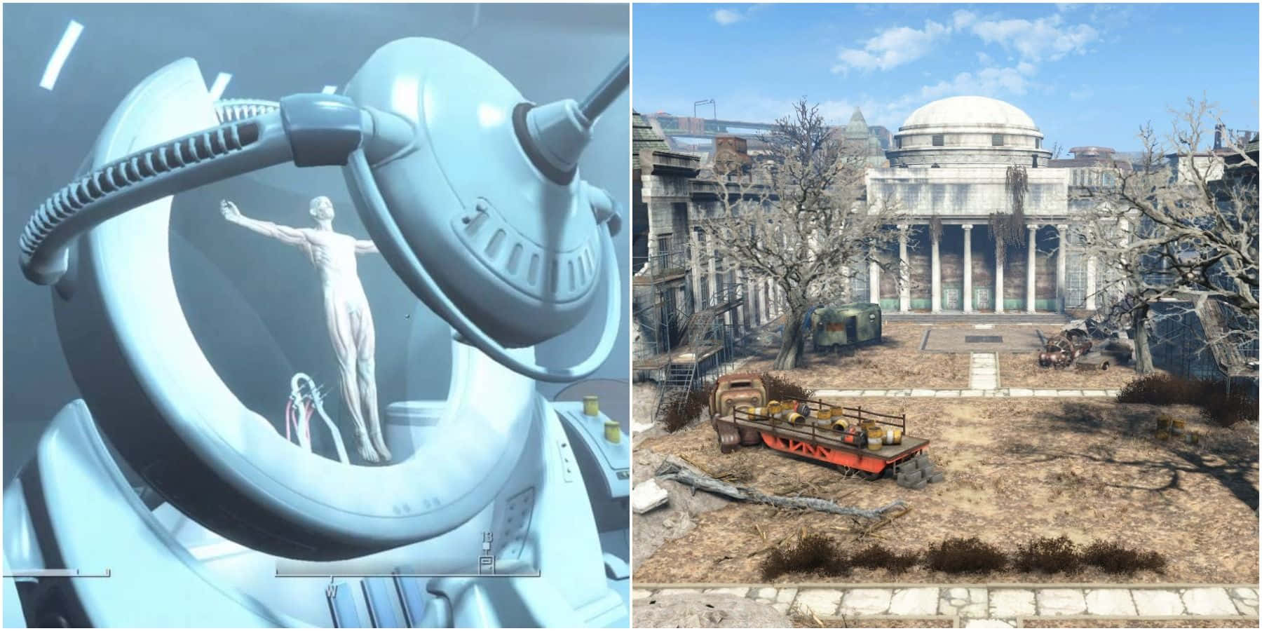 Fallout 4 Institute 桌布 壁紙 — 分割畫面左側顯示一個未來醫療艙中的白色人形人物，右側則是一座破舊的古典建築，荒涼的庭院裡有一輛生鏽的卡車。