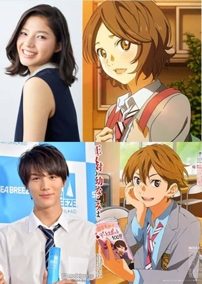 Your Lie In April 桌布 壁紙 — 分割畫面比較真實日本模特兒與其動漫對應角色穿著校服手持產品。