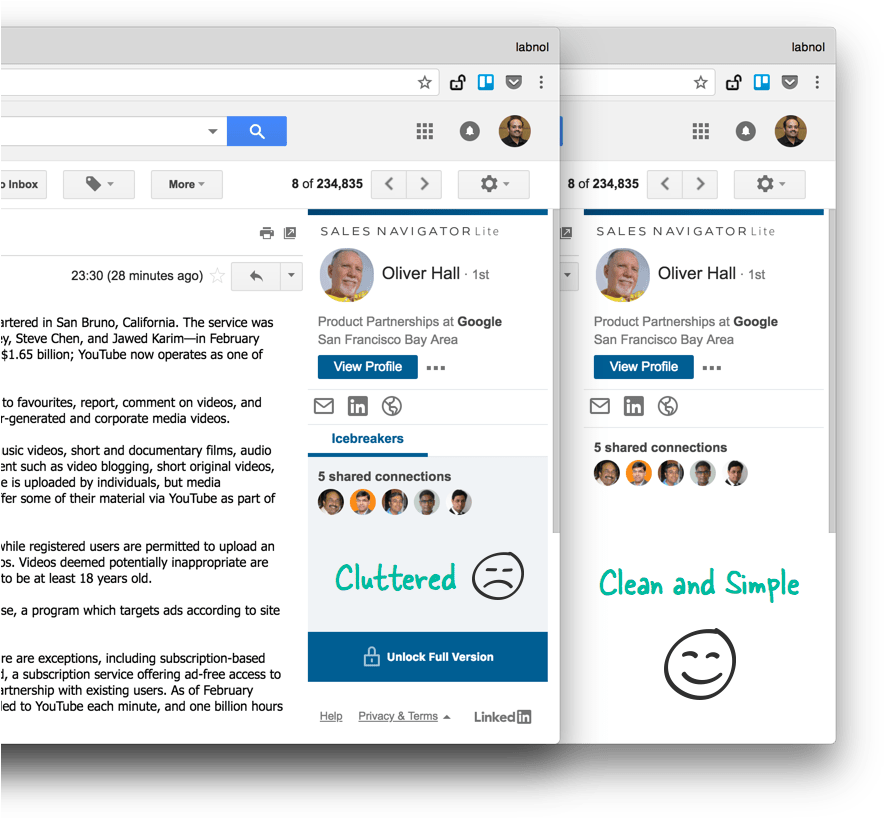 Gmail 動圖 桌布 壁紙 — 分割畫面比較雜亂與整潔的 LinkedIn Sales Navigator Lite 介面，包含用戶個人資料和笑臉。