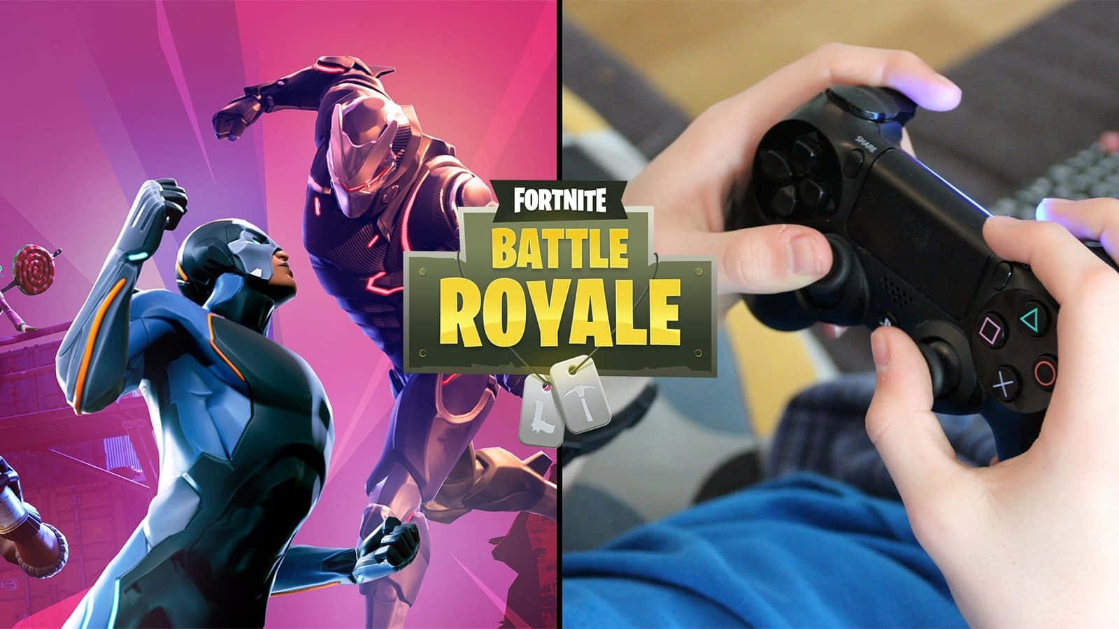 Console Game 桌布 壁紙 — 分割畫面顯示 Fortnite Battle Royale 遊戲角色以鮮豔的粉紅色和紫色呈現，背景是玩家雙手緊握黑色遊戲控制器。