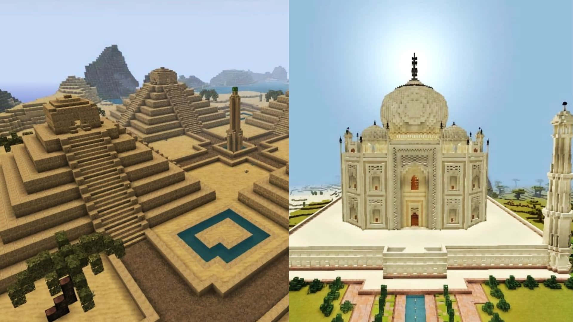 Minecraft Building 桌布 壁紙 — 分割畫面顯示Minecraft風格方塊金字塔和泰姬瑪哈陵，在明亮天空下配以棕櫚樹和水景。