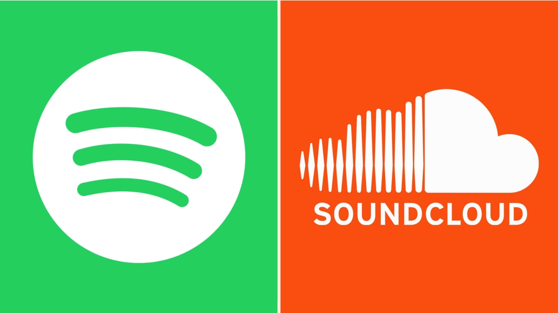 Soundcloud 桌布 壁紙 — 分割畫面顯示Spotify的綠色圓形標誌和SoundCloud帶有波形圖案的橙色雲朵標誌。