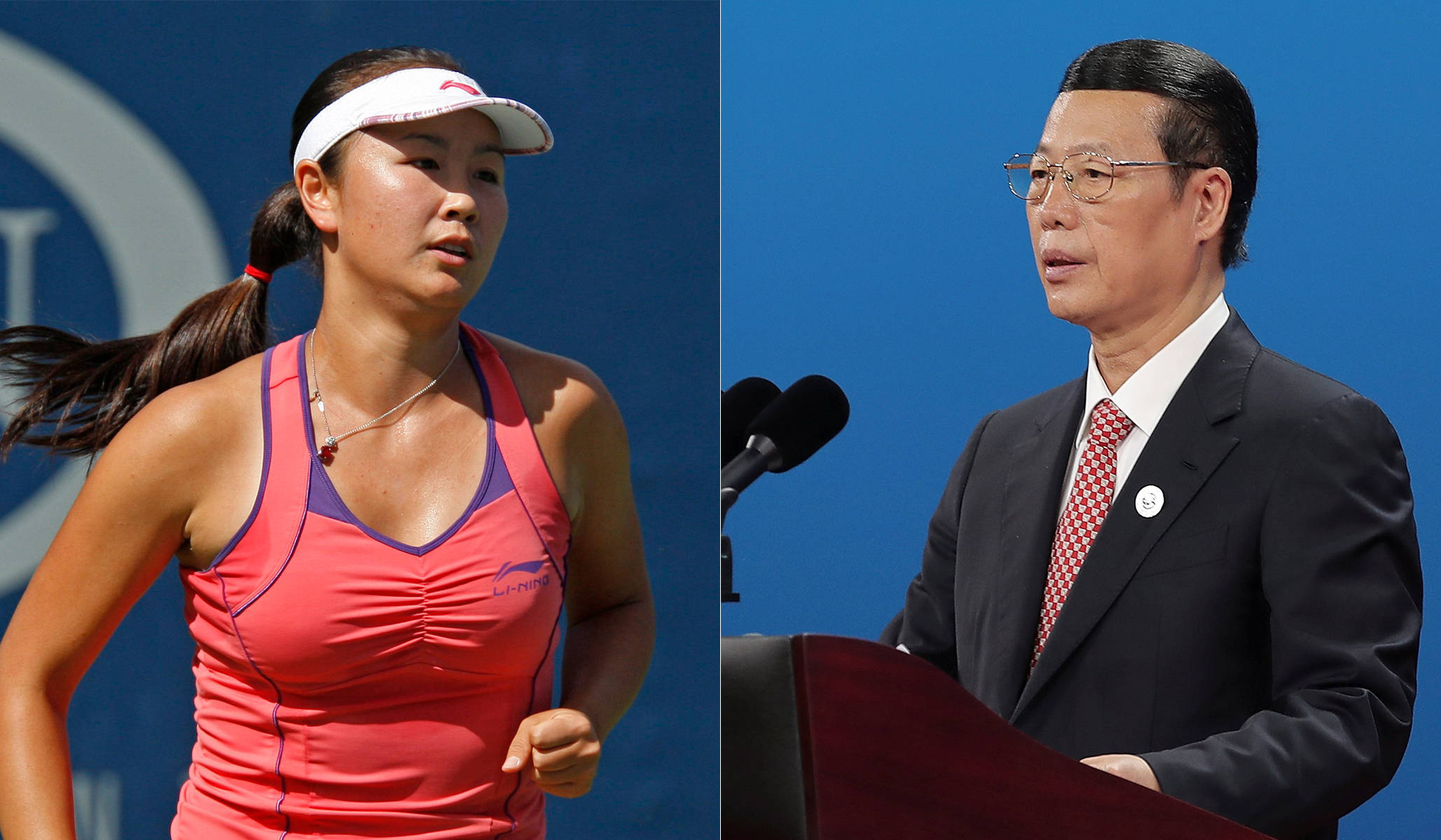 高清 桌布 壁紙 — 分割畫面顯示一位正在運動的女性網球選手和一位穿著西裝的男士在講台上發言，背景為藍色。
