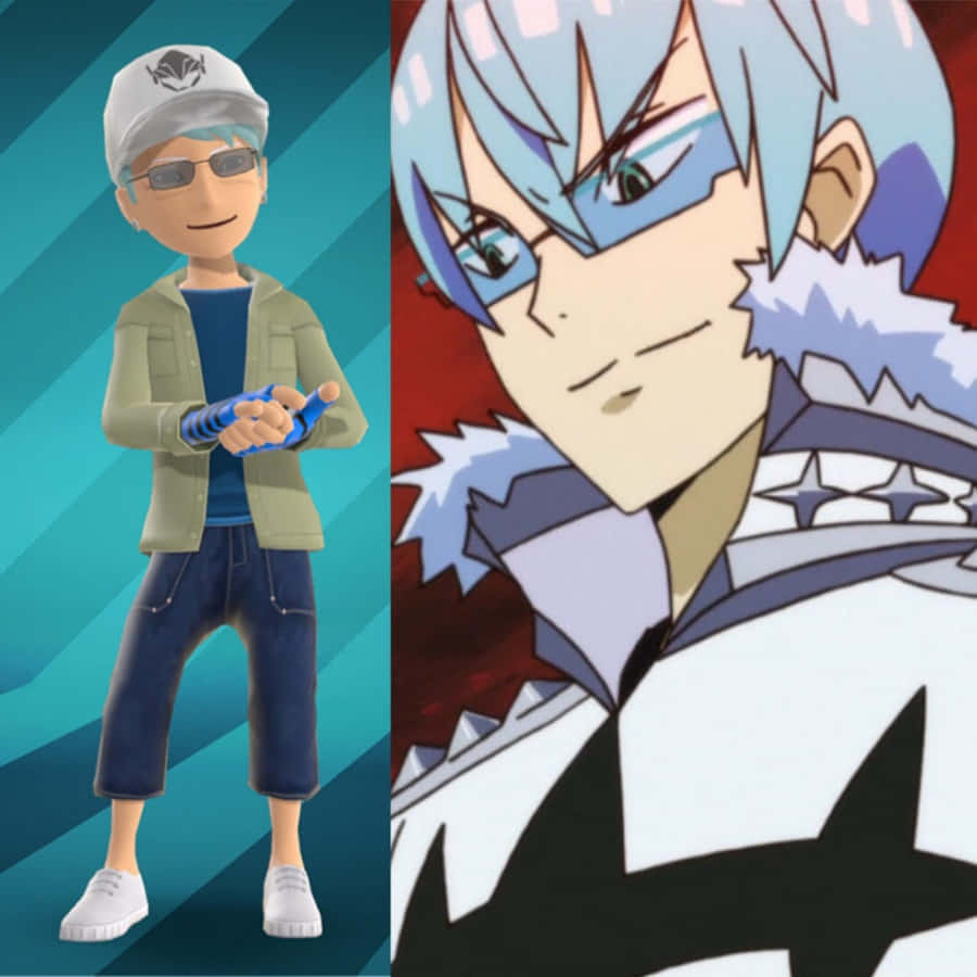 Houka Inumuta 桌布 壁紙 — 分割畫面顯示一個穿著休閒服的3D渲染男孩和一個藍髮戴面具的動漫角色。