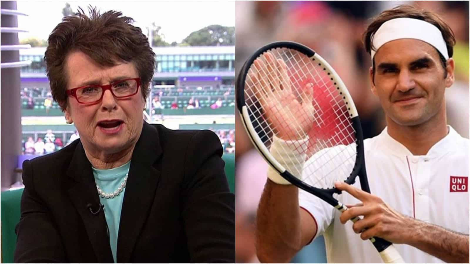 Tennis 桌布 壁紙 — 分割畫面顯示一名戴眼鏡的女子在網球場上說話，旁邊是羅傑·費德勒揮動球拍。