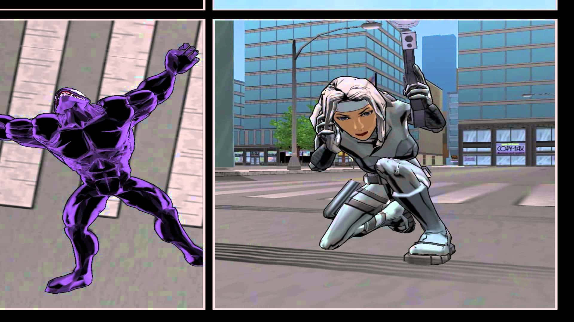 Silver Sable 桌布 壁紙 — 分割畫面顯示一名紫色裝甲超級英雄跳躍，以及一名銀色裝甲女特務在城市街道上蹲伏。