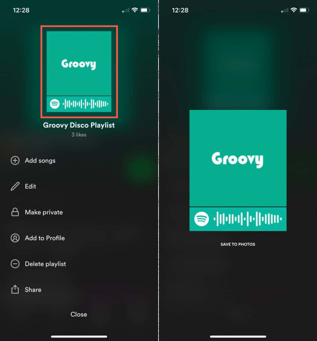 Spotify Playlist 桌布 壁紙 — 分割畫面顯示名為「Groovy Disco Playlist」的Spotify播放清單，帶有青綠色封面和深色背景。