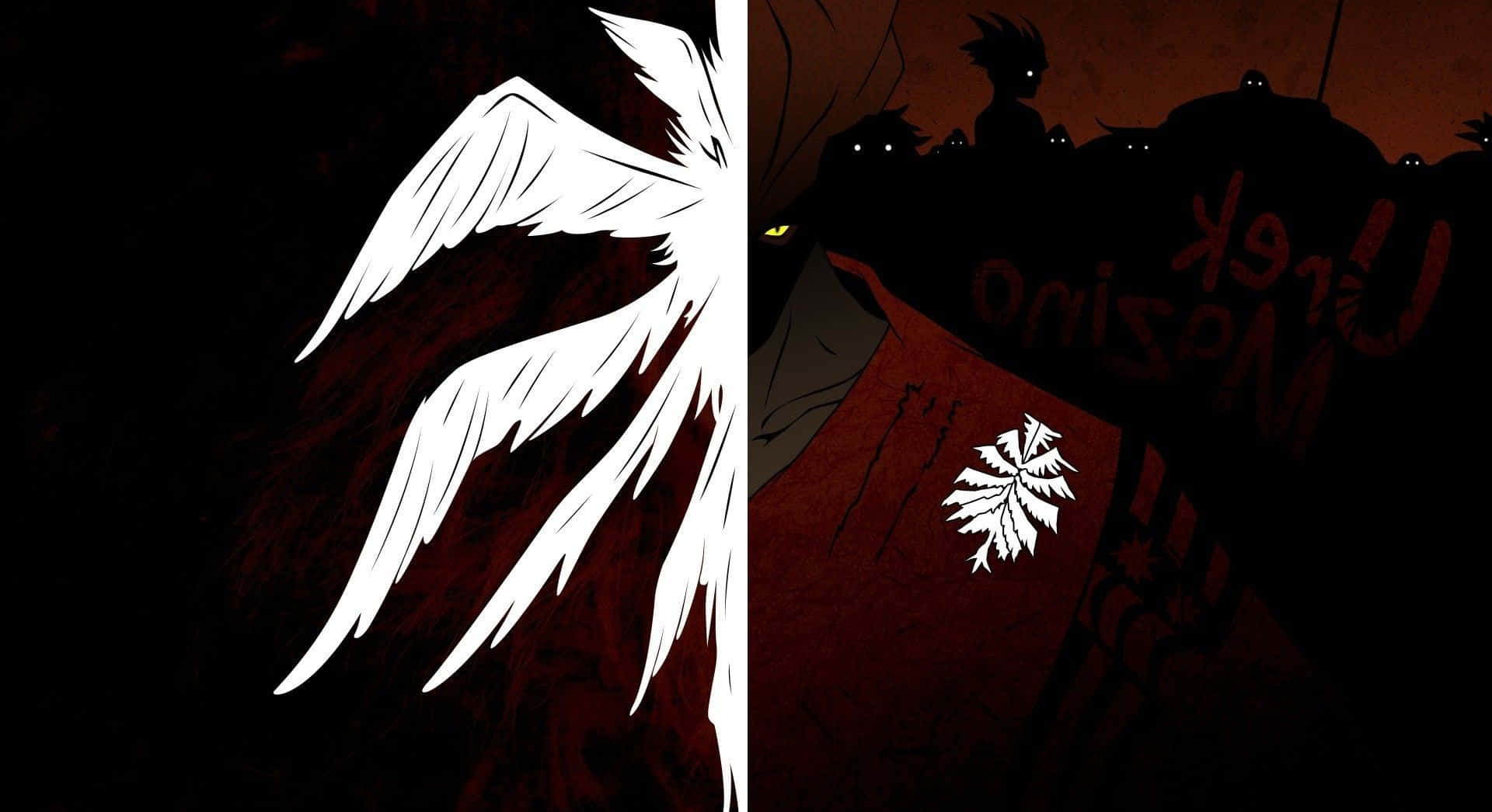 Tower Of God 桌布 壁紙 — 分割畫面顯示在深紅色背景上鮮明的白色天使翅膀，以及陰暗人物在邪惡的紅色場景中發光的眼睛。
