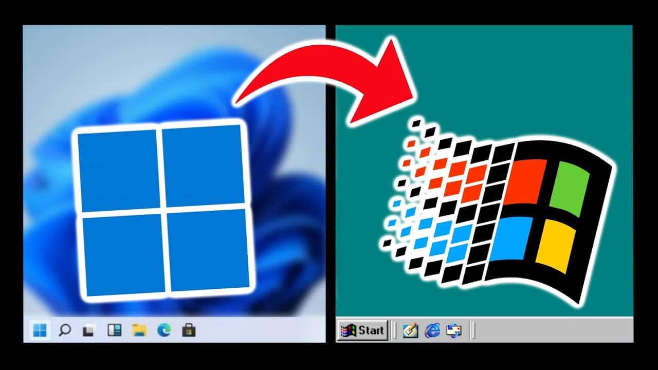 windows 10 dual monitor 桌布 壁紙 — 分割畫面顯示現代 Windows 11 標誌過渡到經典 Windows 95 標誌，帶有紅色箭頭。