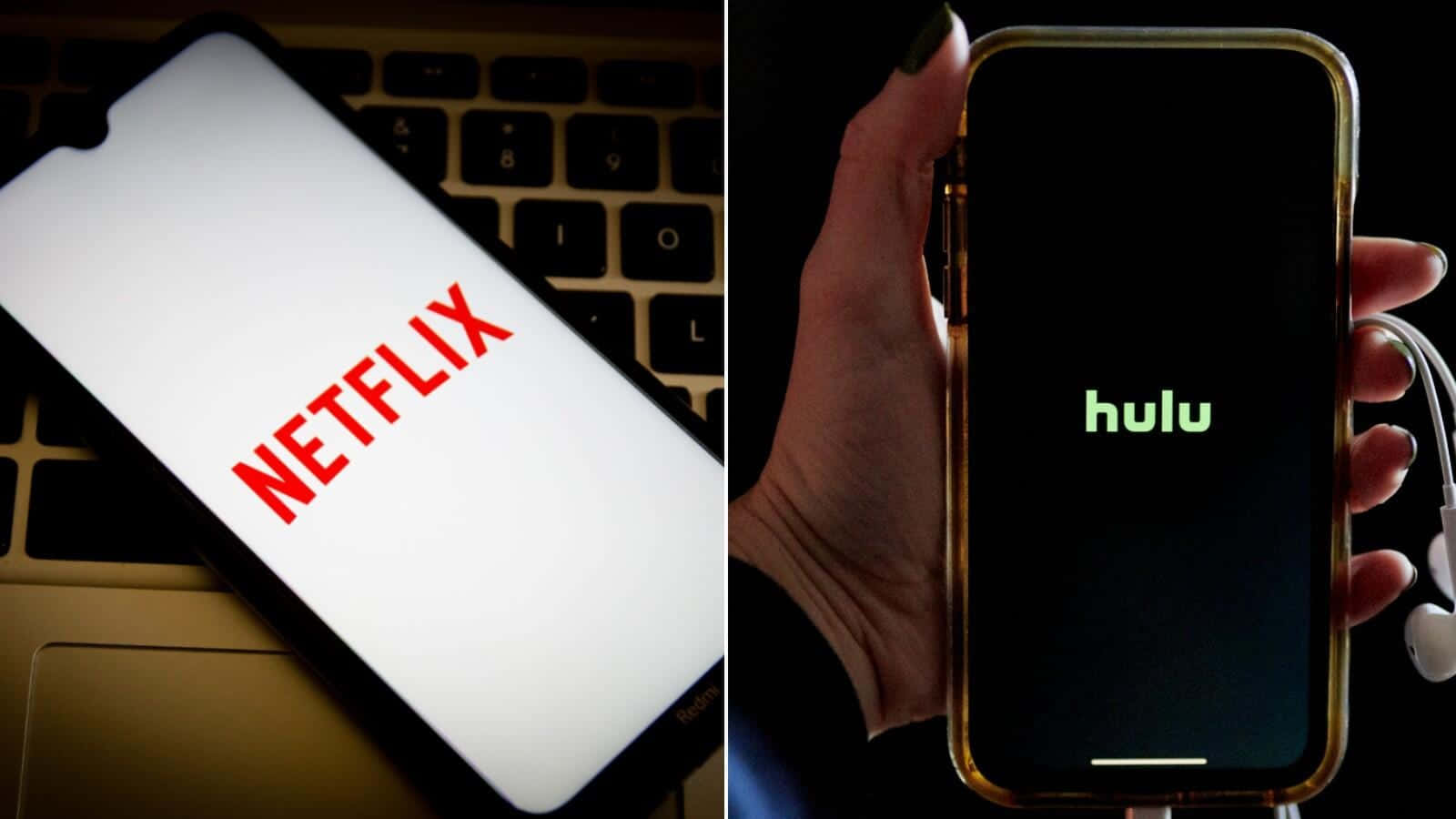 Hulu 桌布 壁紙 — 分割畫面顯示筆記型電腦上的 Netflix 和手持電話上的 Hulu，附有耳塞。
