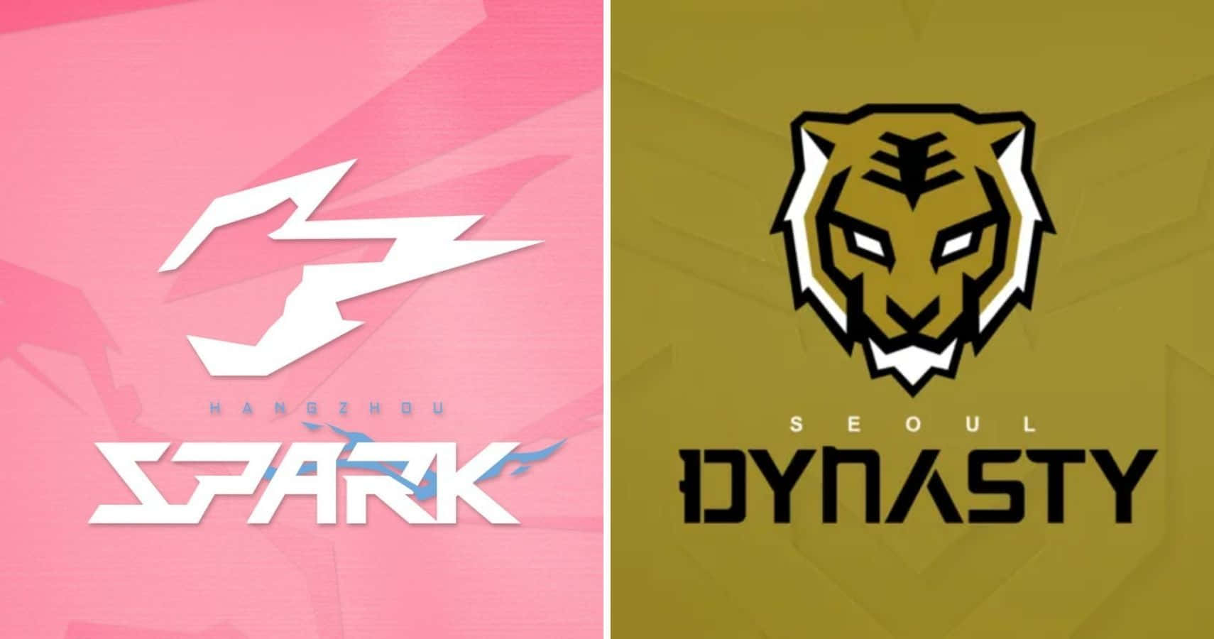 Overwatch League 桌布 壁紙 — 分割畫面顯示粉紅色背景上的白色「Spark」標誌和金色背景上的黑色虎頭「Dynasty」標誌。