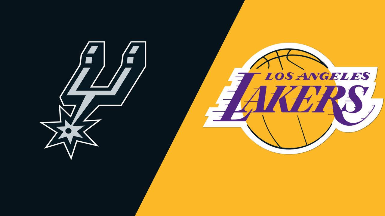 Spurs 桌布 壁紙 — 分割畫面顯示聖安東尼奧馬刺隊和洛杉磯湖人隊的標誌，背景為對比的深色和金色。