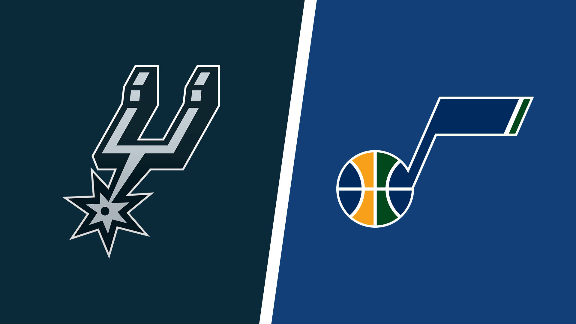 Spurs 桌布 壁紙 — 分割畫面顯示聖安東尼奧馬刺隊和猶他爵士隊的NBA球隊標誌，背景為純深藍色和寶藍色。