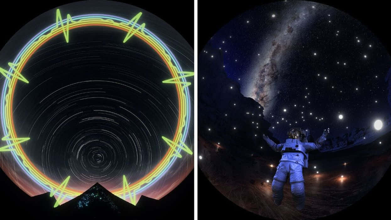 Planetarium 桌布 壁紙 — 分割視圖顯示一個發光的霓虹圓圈，帶有星跡，位於山頂之上，旁邊是一位在星空銀河下漂浮於太空的太空人。