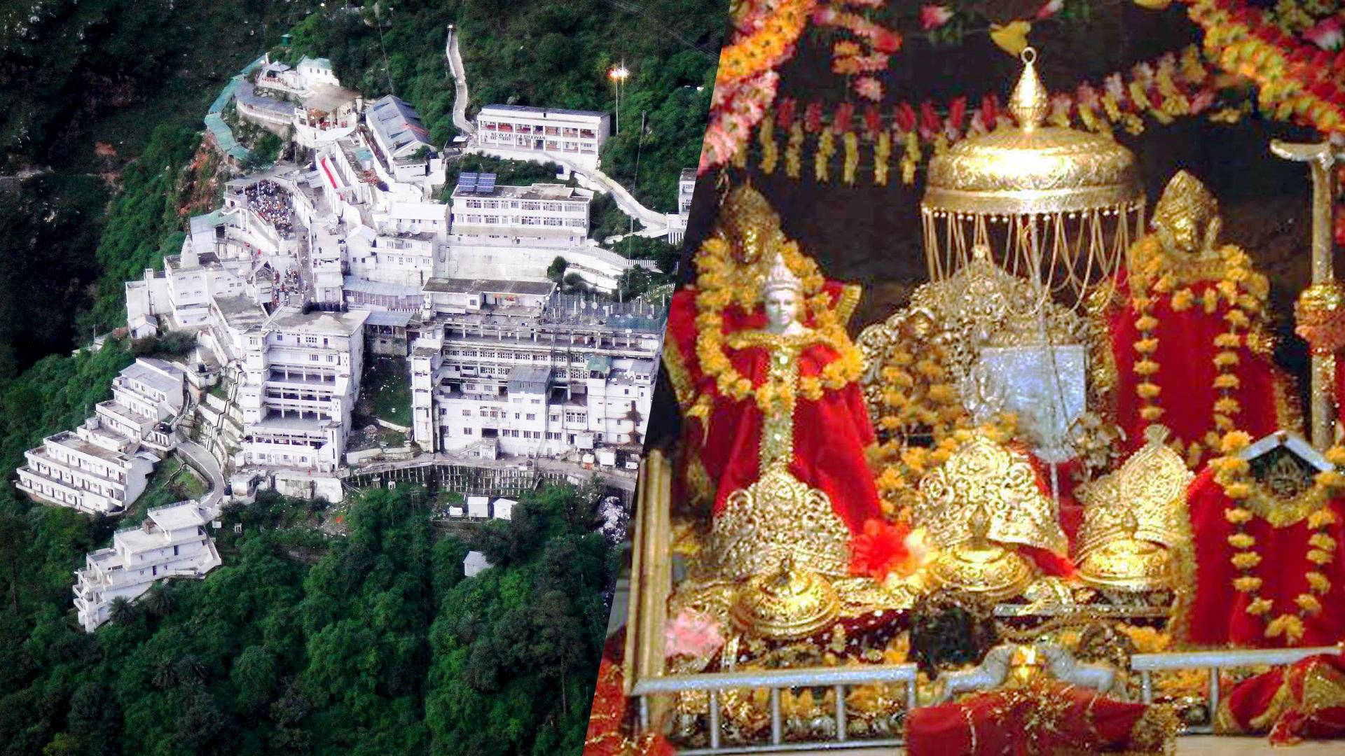 Durga 桌布 壁紙 — 分割視圖顯示一個白色寺廟建築群坐落在鬱鬱蔥蔥的綠色山丘中，旁邊是一個裝飾華麗的金色神龕，飾有紅色布料和花環。