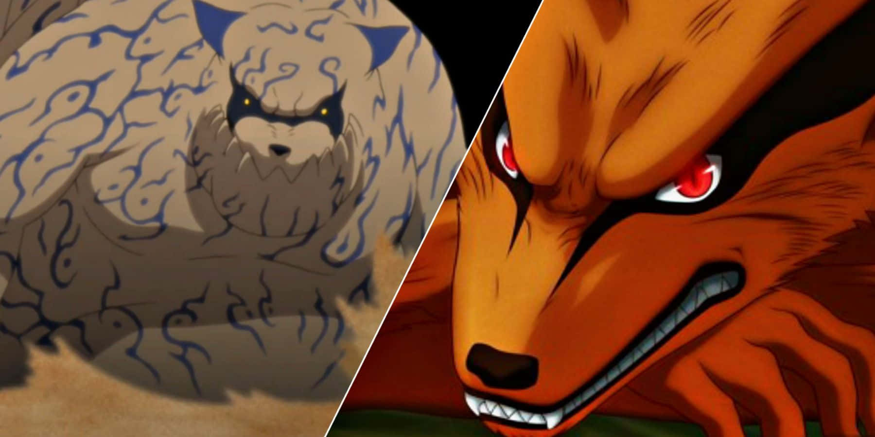 Tailed Beasts 桌布 壁紙 — 分屏動漫壁紙，展示一個旋轉的棕藍色查克拉野獸和一隻兇猛的橙色九尾狐，眼睛發出紅光。