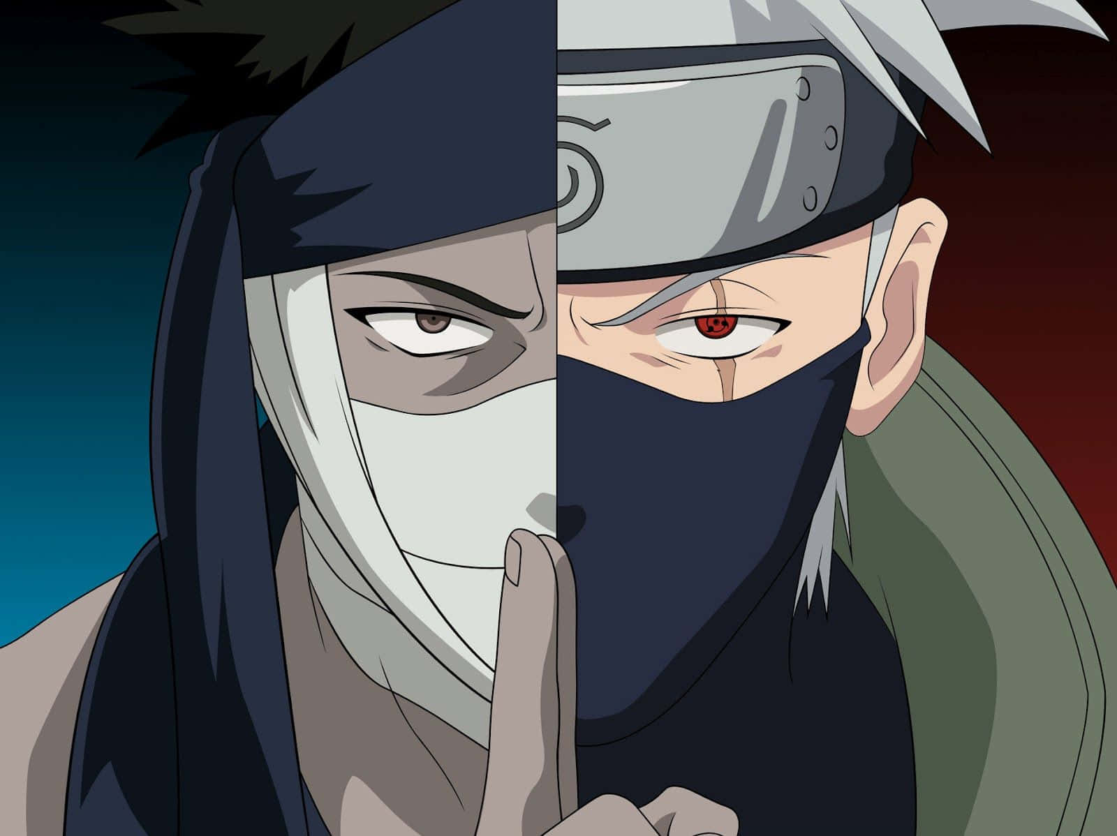 Kakashi And Zabuza 桌布 壁紙 — 分屏動漫肖像，兩名蒙面忍者眼神銳利，手指放在唇邊，背景為對比的藍色和紅色。