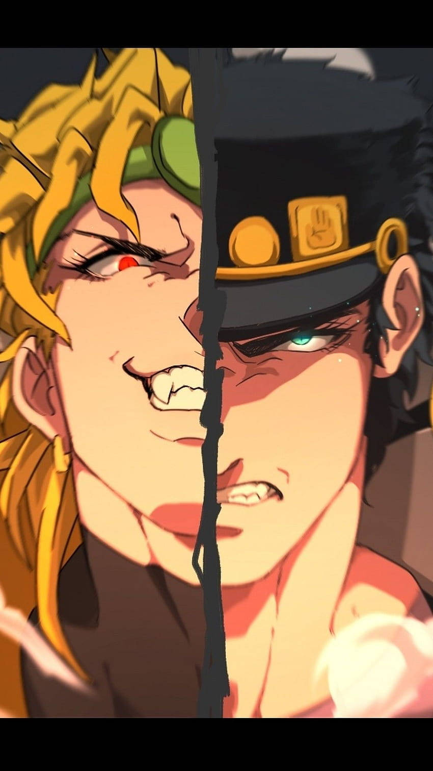 Jojo's 桌布 壁紙 — 分屏動畫肖像，兩個強烈的男性角色，頭髮顏色和表情形成對比。