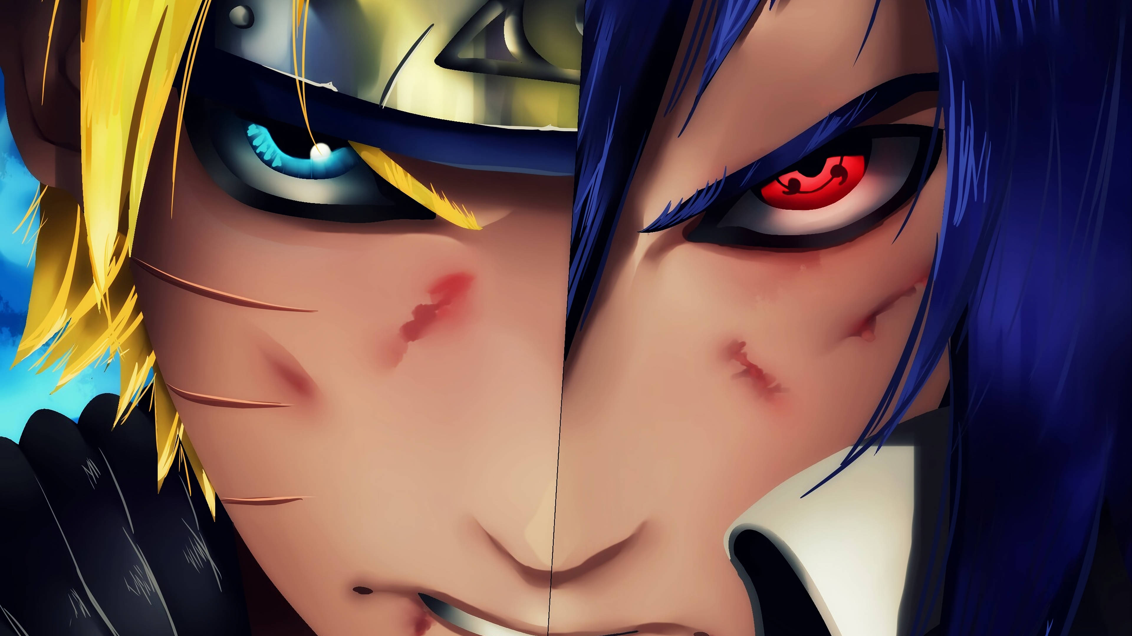 Naruto And Sasuke 桌布 壁紙 — 分屏動畫面孔，藍色和紅色的眼睛，顯示激烈的戰鬥傷痕和堅定的表情。