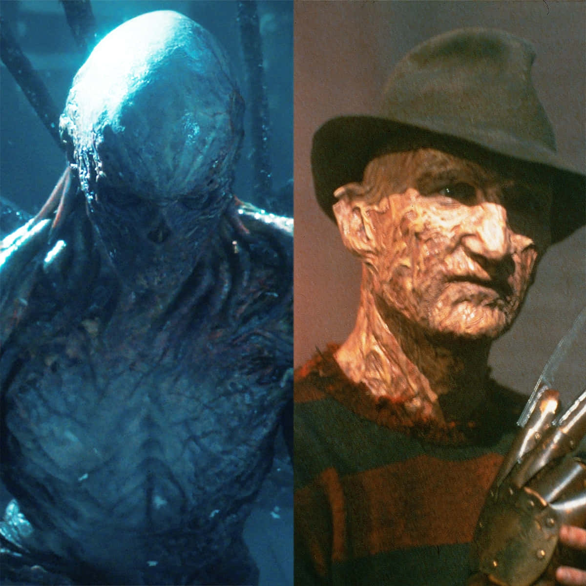 Freddy Krueger 桌布 壁紙 — 分屏恐怖：左邊顯示一個藍色發光的外星生物，右邊顯示帶著標誌性手套的佛萊迪·克魯格。