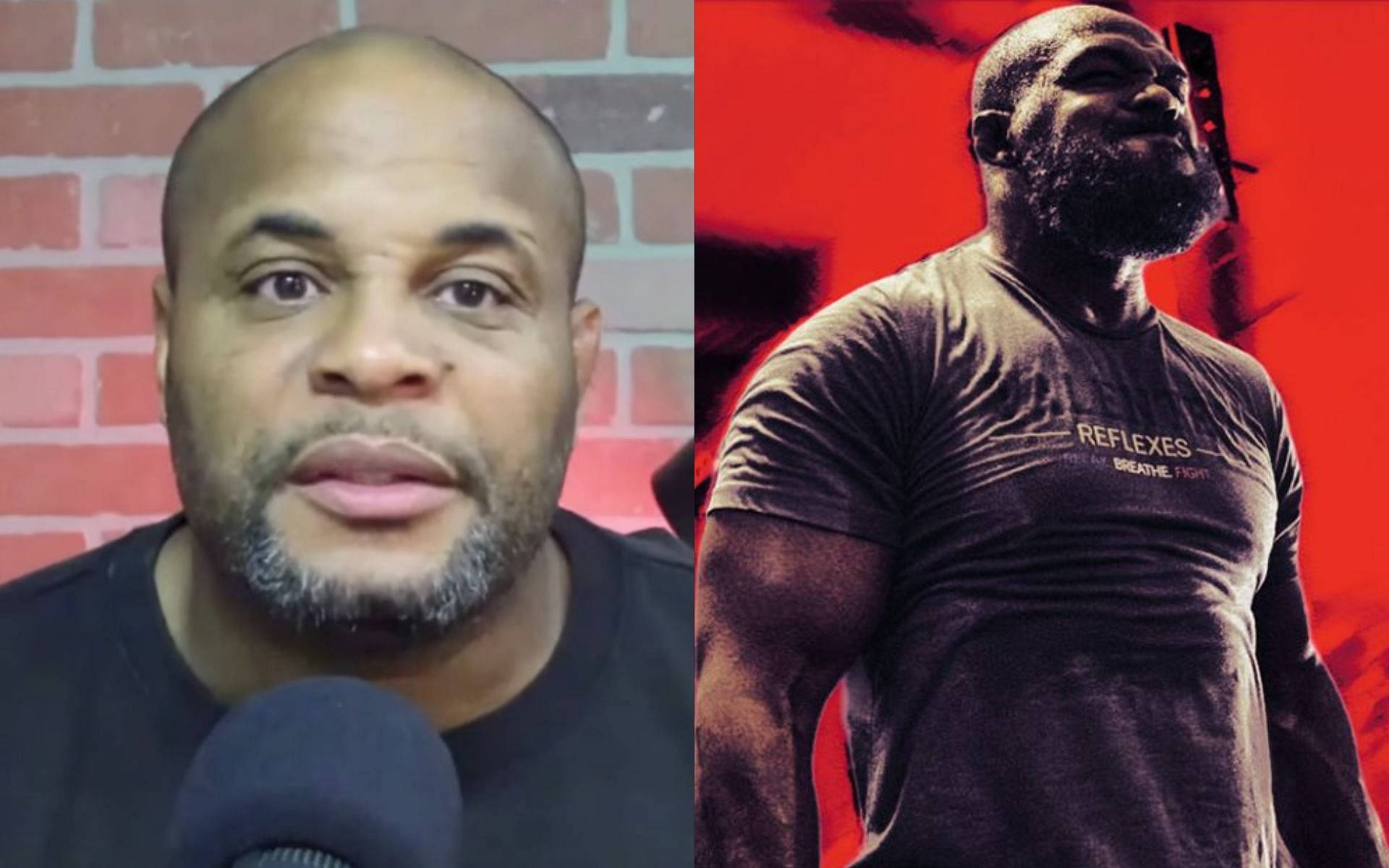 UFC 桌布 壁紙 — 分屏畫面：一名男子對著磚牆上的麥克風說話，以及一名肌肉發達的男子身穿深色T恤，上面有「REFLEXES」字樣，背景為紅色。