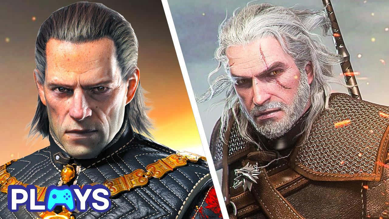 The Witcher Characters 桌布 壁紙 — 分屏肖像，展示利维亚的杰洛特和年轻版的他穿着奇幻盔甲，背景冷暖色调对比。