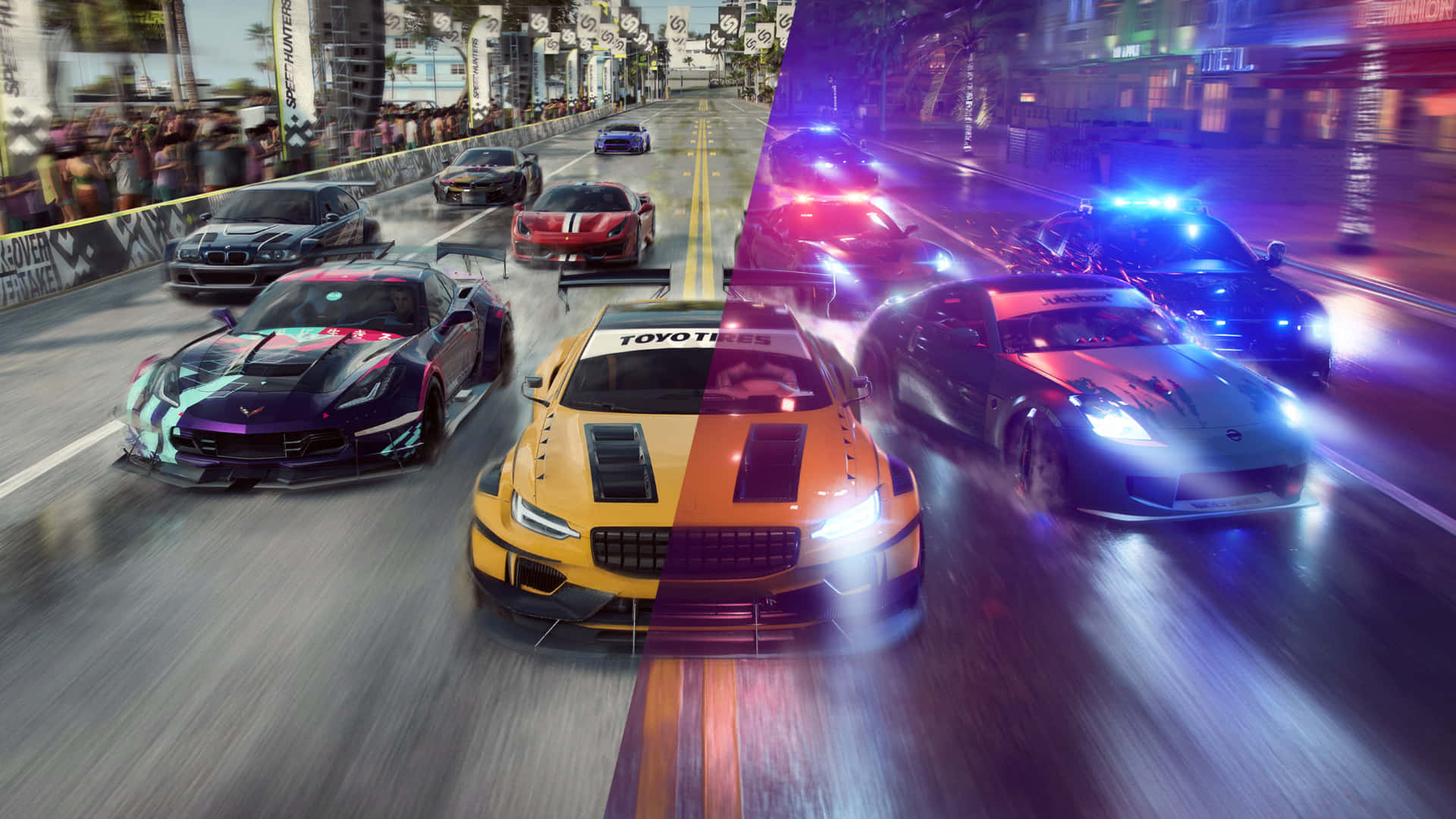 race car 桌布 壁紙 — 分屏賽車場景，高速跑車在霓虹燈照亮的城市街道上漂移，夜色燈光下。