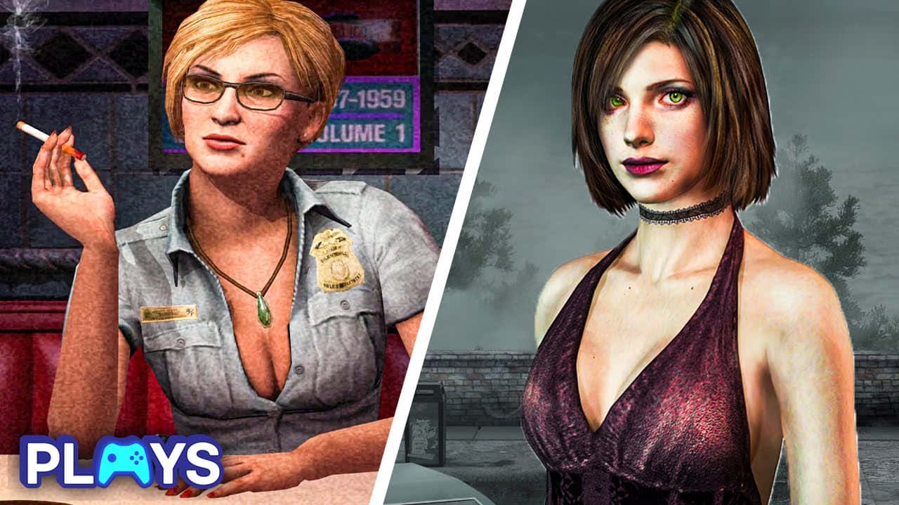 Silent Hill Characters 桌布 壁紙 — 分屏遊戲角色：一個穿著警察制服吸煙，另一個穿著深色連衣裙，在迷霧環境中眼睛發光。