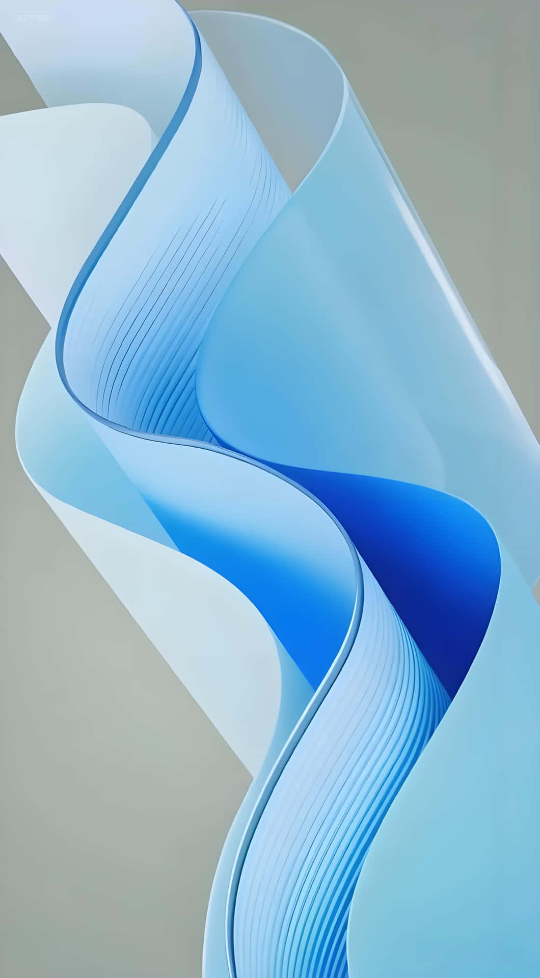 Blue Charm Curve: Minimalist Modern Abstract Wallpaper 壁紙 — 分層半透明藍色絲帶的流動抽象雕塑，在灰色中性背景上優雅彎曲。