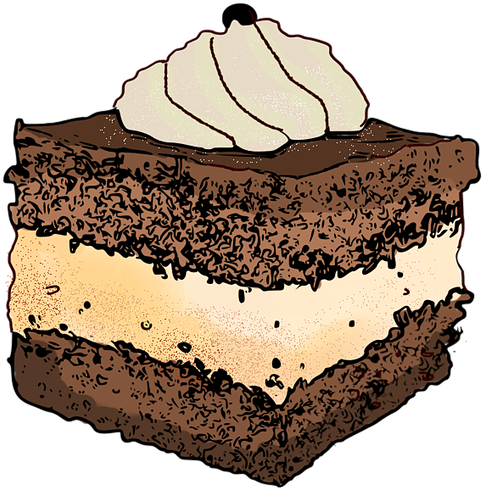 Pastries 桌布 壁紙 — 分層巧克力蛋糕，帶有奶油餡料和鮮奶油頂層，以手繪插圖風格呈現。