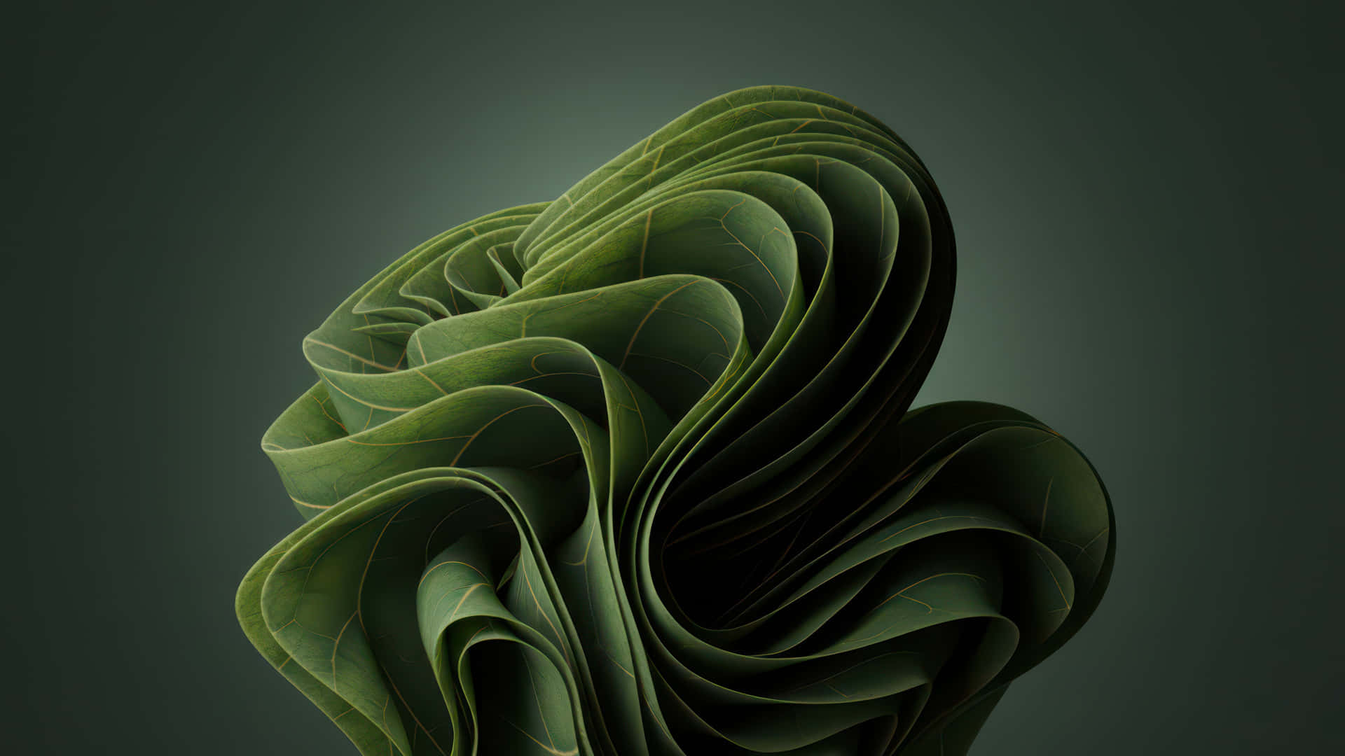 Leaf Bloom modded wallpaper for desktop Enhancement, 壁紙 — 分層綠色葉片構成雕塑般的抽象形態，在深色漸變背景上戲劇性地盤旋。