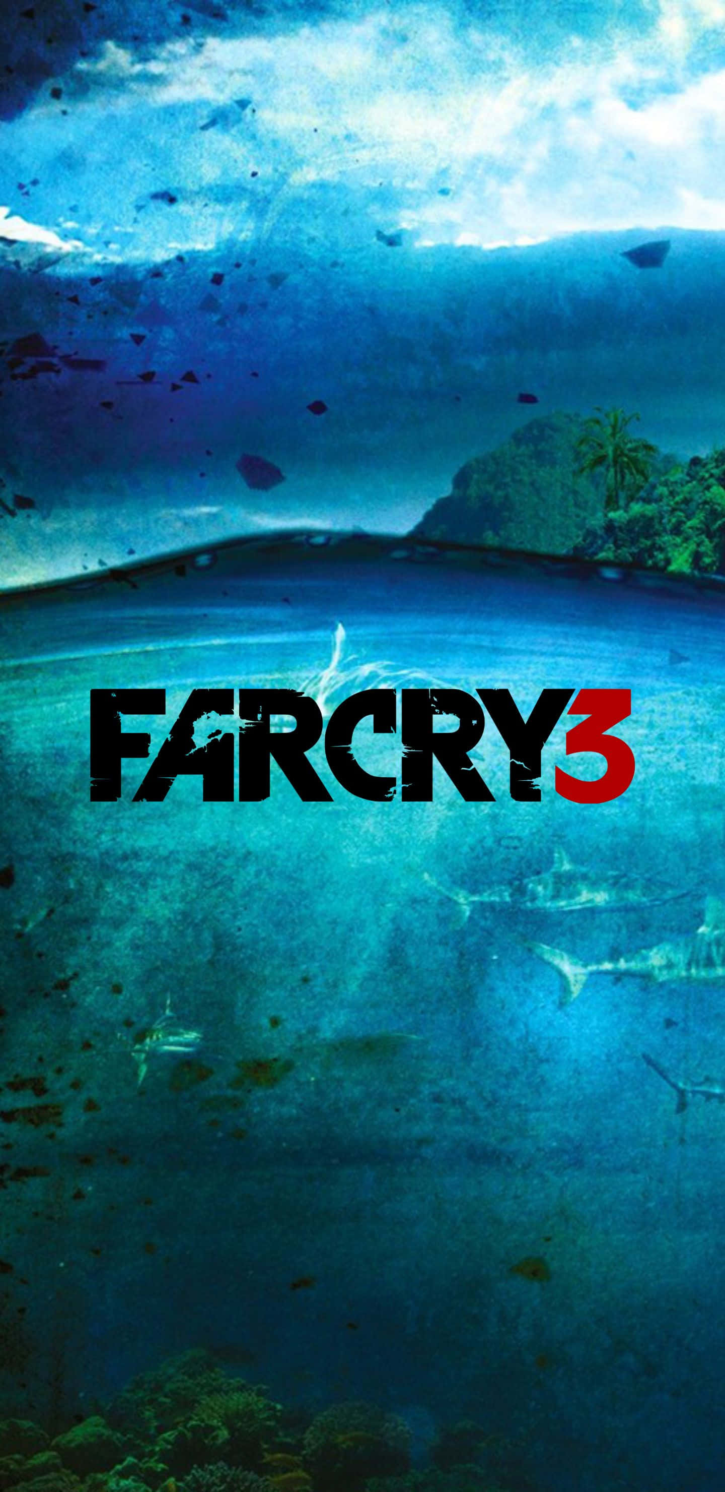 Pixel 3xl Far Cry 3 桌布 壁紙 — 分層視圖的熱帶島嶼，鯊魚在下方游泳，風暴雲在上方，並有 Far Cry 3 標誌。
