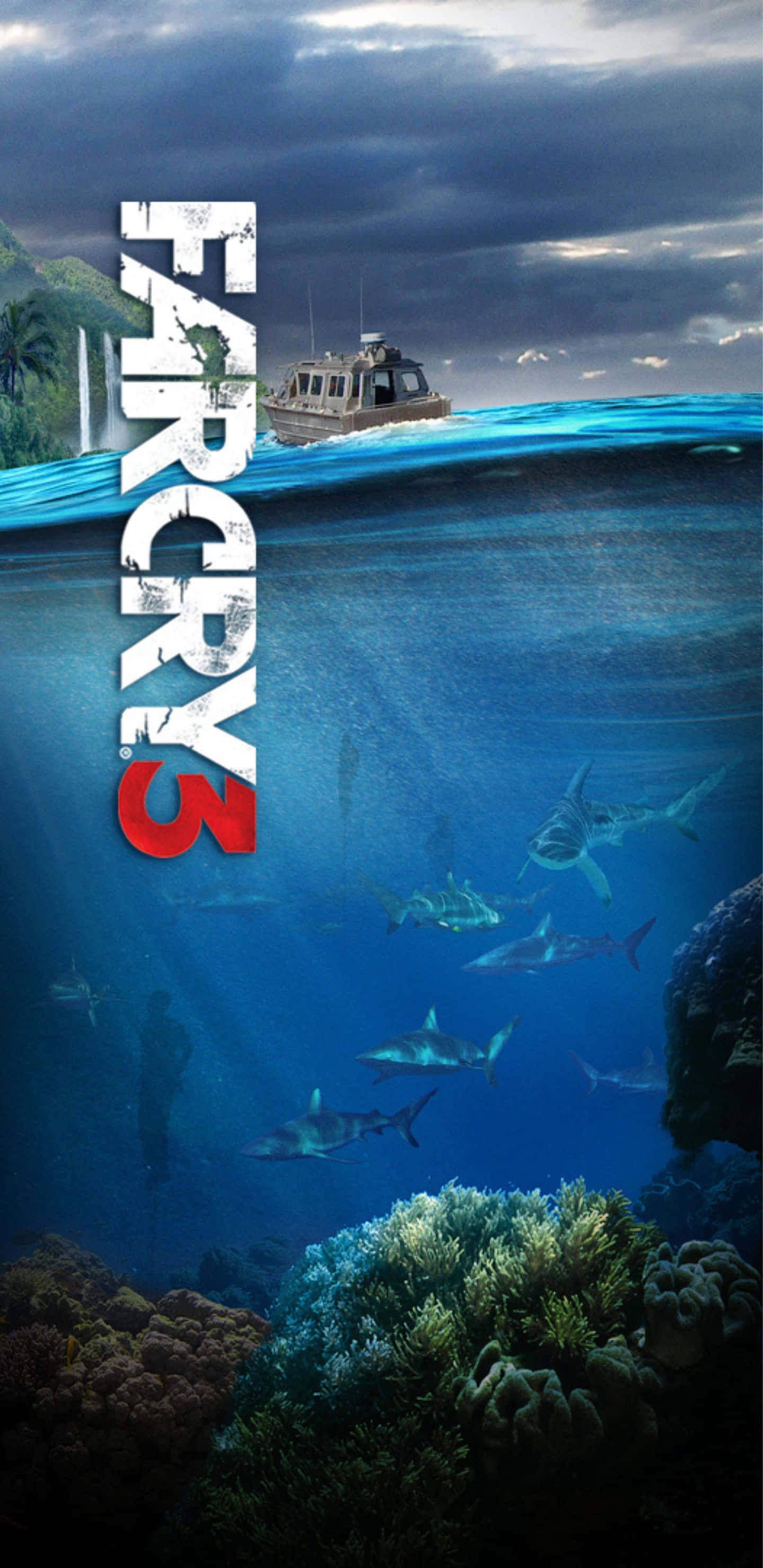 Pixel 3xl Far Cry 3 桌布 壁紙 — 分層視角顯示上方的船隻在波濤洶湧的海面上，下方的鯊魚在珊瑚礁附近游動。