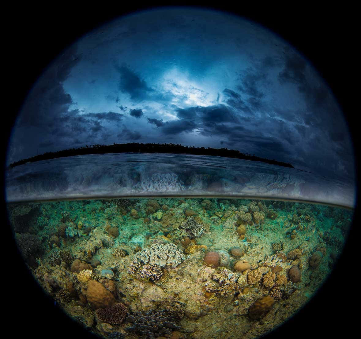 Fisheye 桌布 壁紙 — 分層魚眼視角顯示下方生機勃勃的珊瑚礁和水面上方暴風雨的黃昏天空。